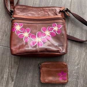 Jack Georges Brown Leather with custom hand painted Floral design Crossbody Bag